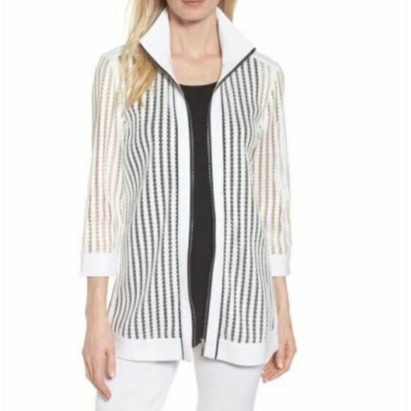 Ming Wang Full Zip Mesh Jacket Women's 0X White w/Black Trim 3/4 Sleeves Classic - Picture 1 of 10